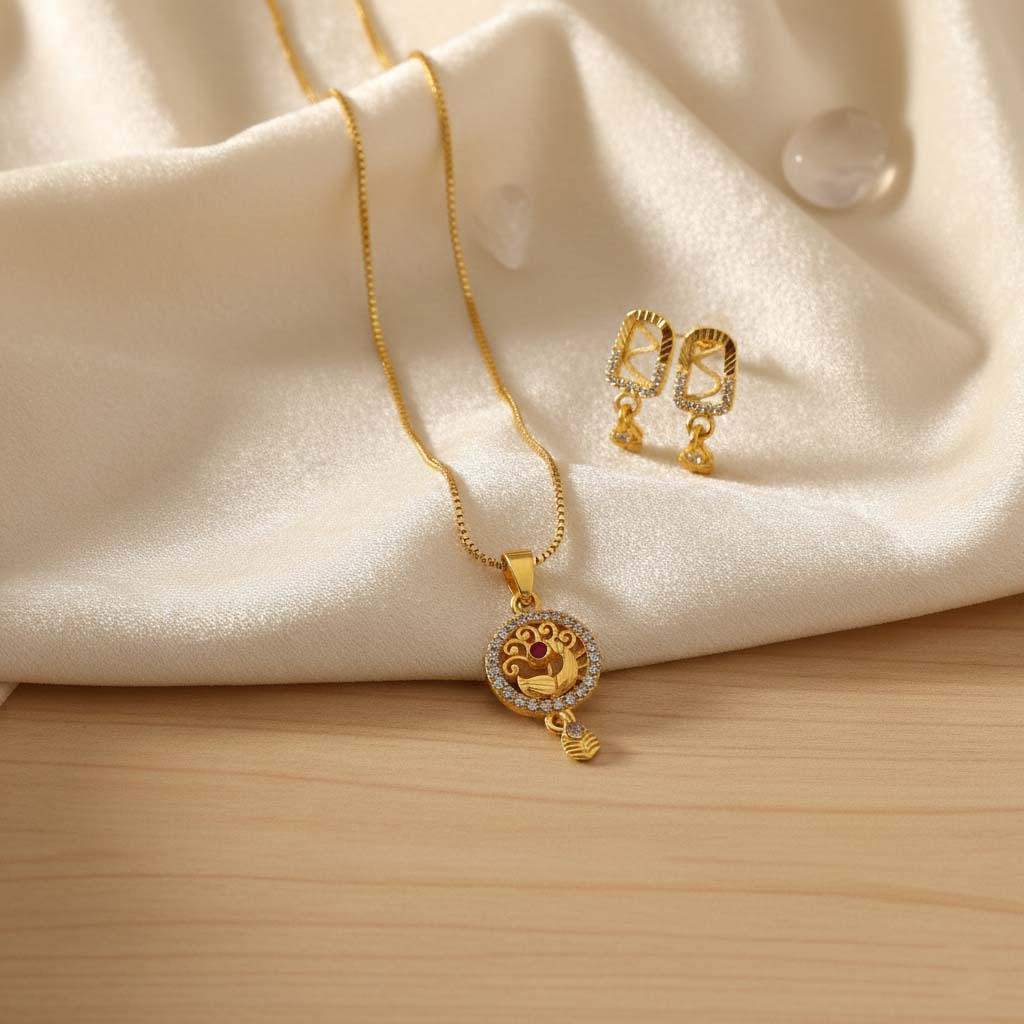 Gold Color Chain Pendant With Earring Designed To Highlight Traditional Indian Elegance