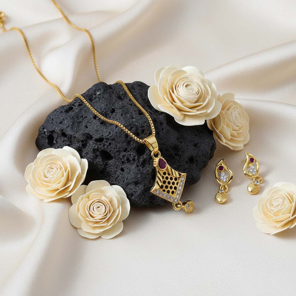 Gold Color Chain Pendant With Earring Featuring Minimal Design For Everyday Wear