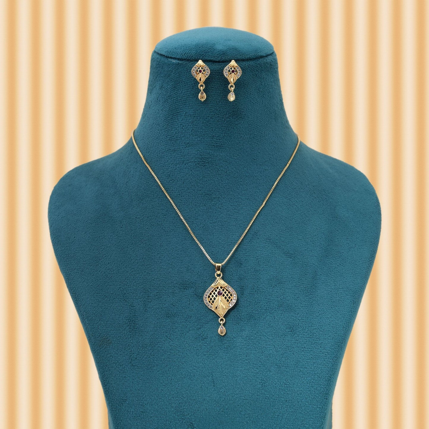 Gold Color Chain Pendant With Earring Crafted For Long Lasting Traditional Beauty