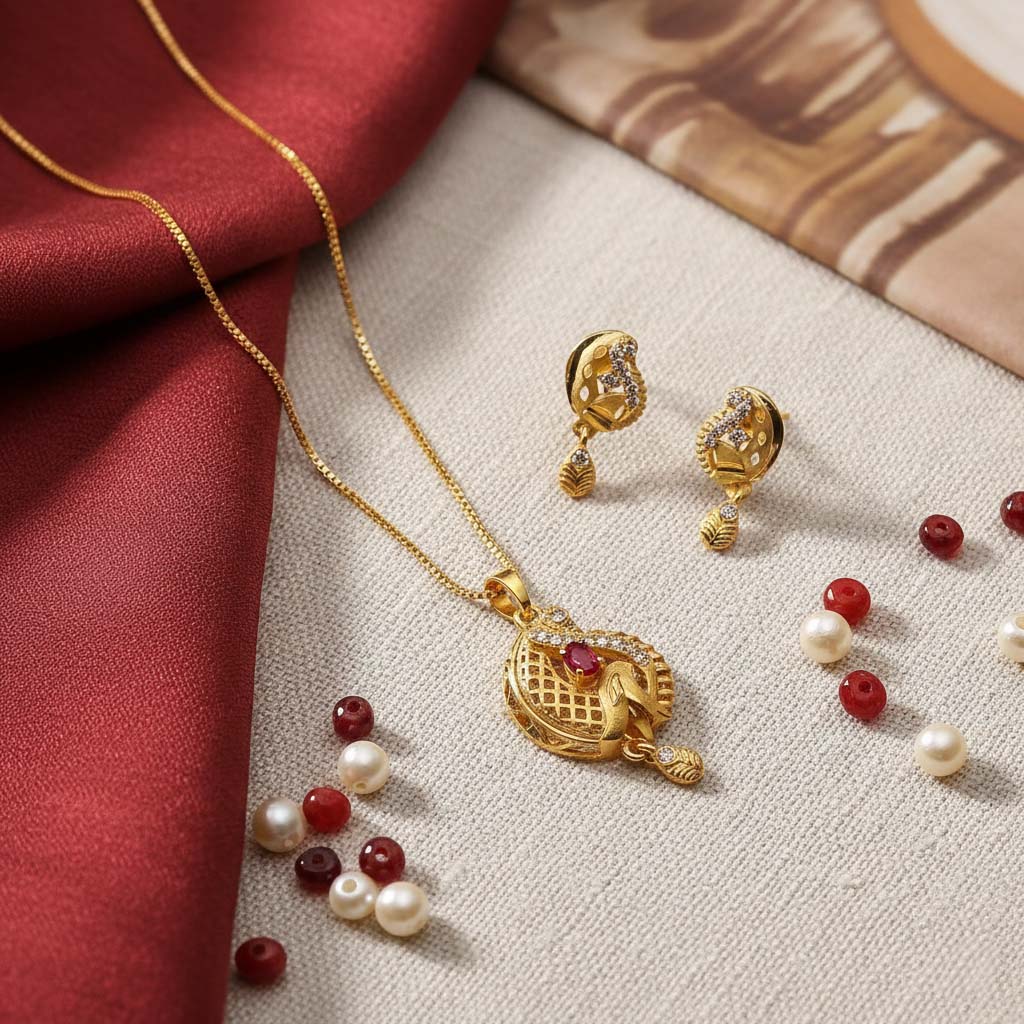 Gold Color Chain Pendant With Earring Offering Classic Appeal For Ethnic Jewelry Lovers