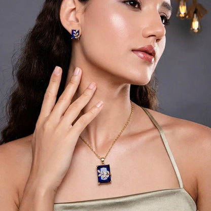 Blau Elegante Kette Anhänger mit Ohrringen und Mattgold Halskette Set Appeal