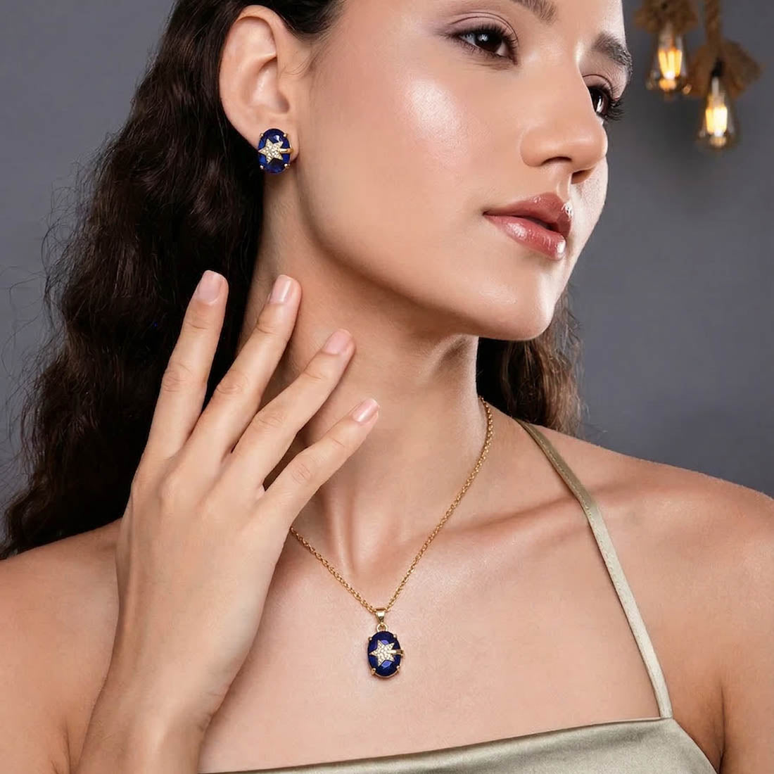 Blue Color Trendy Chain Pendant With Earring In Meenakari Necklace Set Pattern