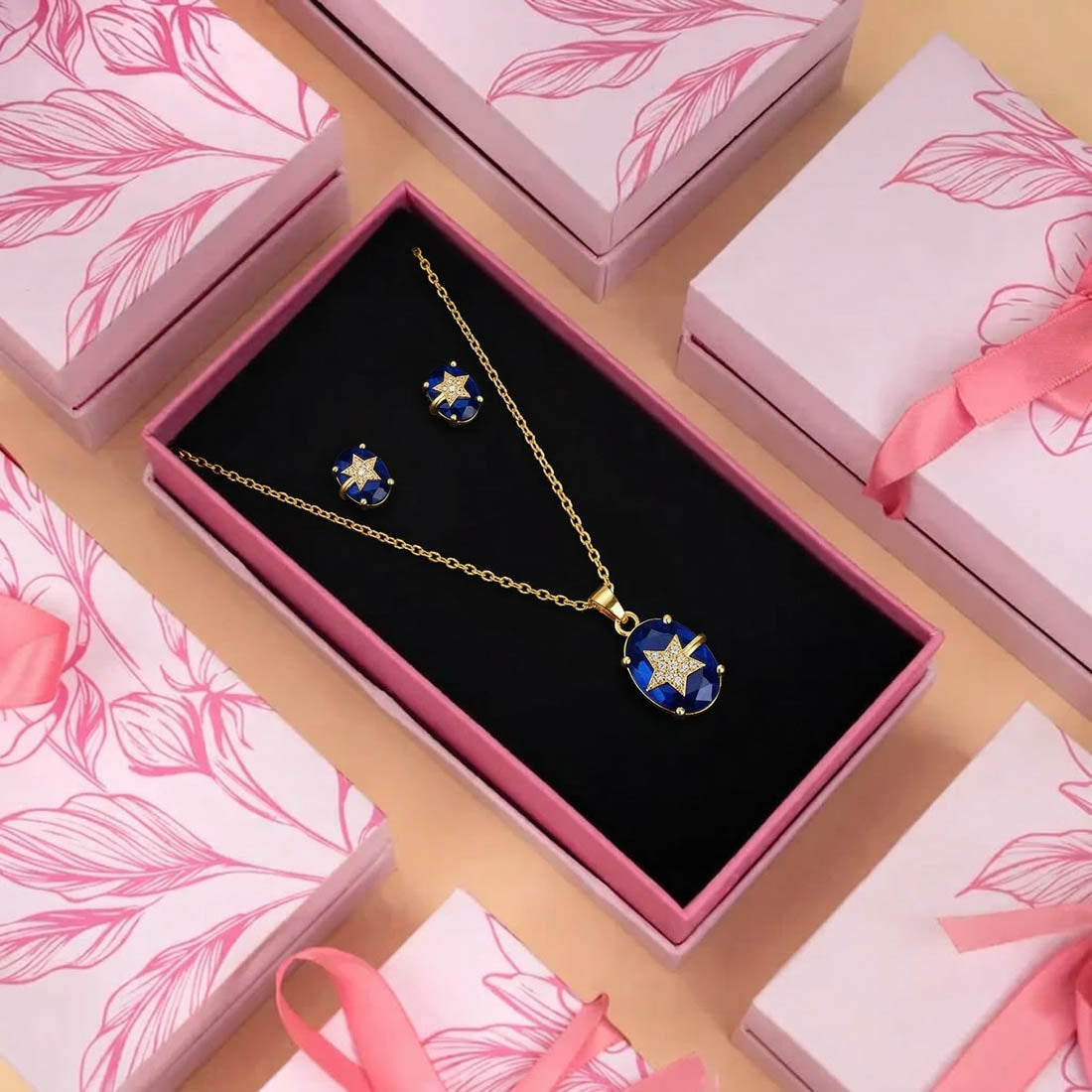 Blue Color Trendy Chain Pendant With Earring In Meenakari Necklace Set Pattern