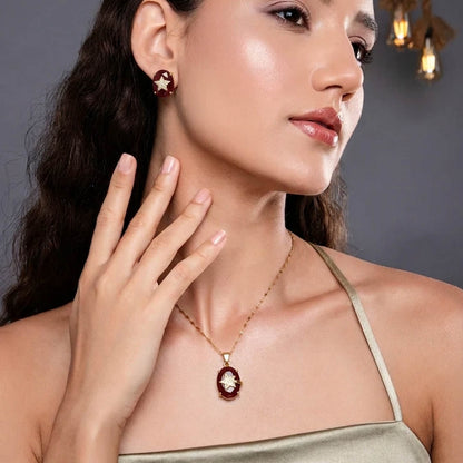 Red Color Ethnic Chain Pendant With Earring And Meenakari Necklace Set Artistry