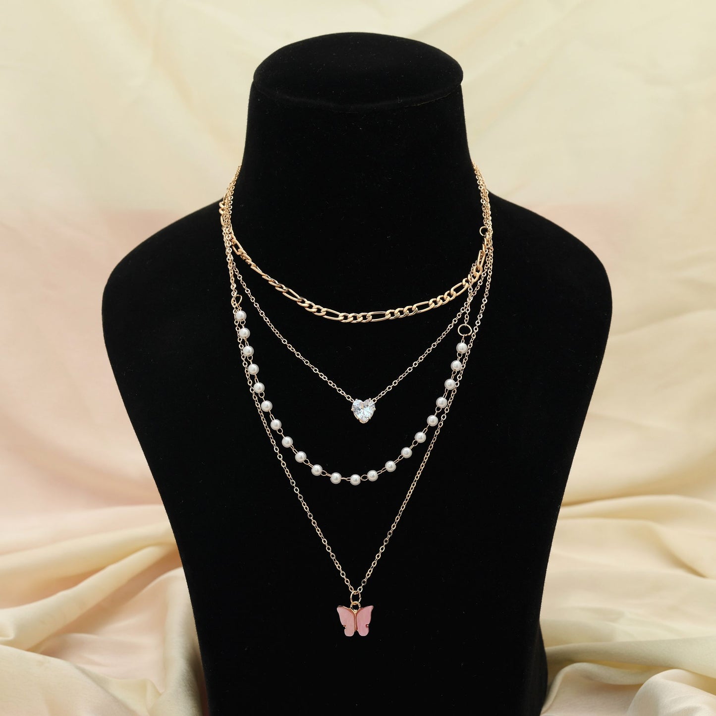Pinkfarbene mehrlagige Ketten-Halskette, elegant, feminin, Modeschmuck