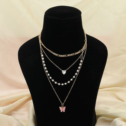 Pinkfarbene mehrlagige Ketten-Halskette, elegant, feminin, Modeschmuck