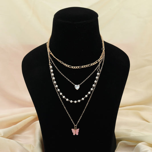 Pinkfarbene mehrlagige Ketten-Halskette, elegant, feminin, Modeschmuck