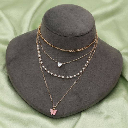 Pinkfarbene mehrlagige Ketten-Halskette, elegant, feminin, Modeschmuck