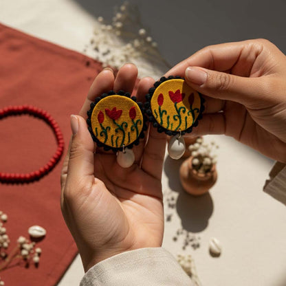 Mustred Yellow Color Wooden Handcraft Earrings With Tribal-Inspired Design