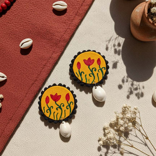 Mustred Yellow Color Wooden Handcraft Earrings With Tribal-Inspired Design