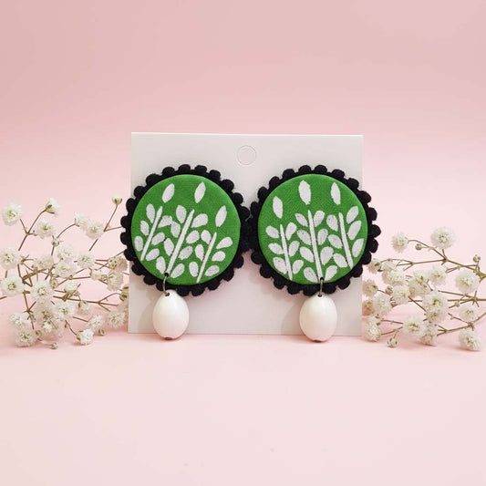 Green Color Wooden Handcraft Earrings With Leaf Motif For Ethnic Wear