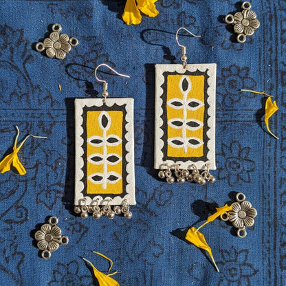 Black & Yellow Color Wooden Handcraft Earrings With Tribal Carving Style