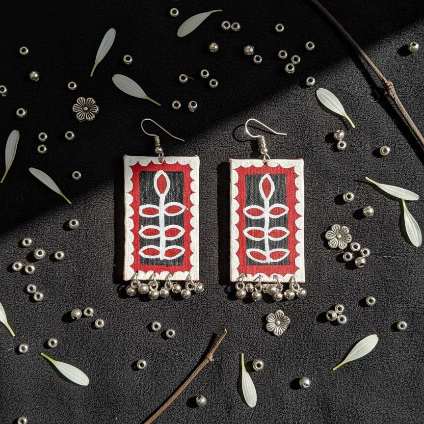 Red & Black Color Wooden Handcraft Earrings With Bold Artistic Bohemian Design