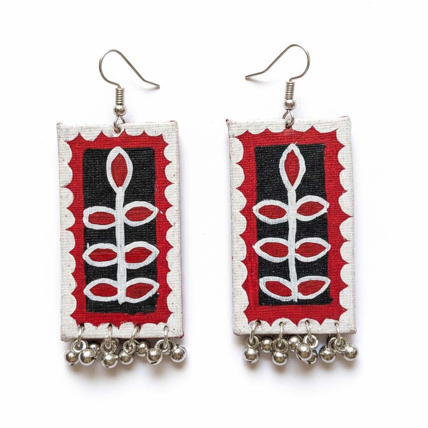 Red & Black Color Wooden Handcraft Earrings With Bold Artistic Bohemian Design