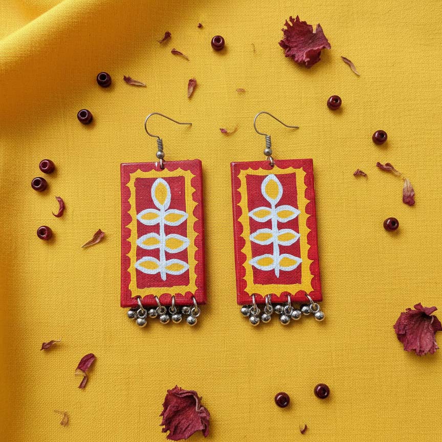Red & Yellow Color Wooden Handcraft Earrings With Vibrant Handmade Detailing