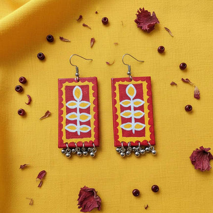 Red & Yellow Color Wooden Handcraft Earrings With Vibrant Handmade Detailing