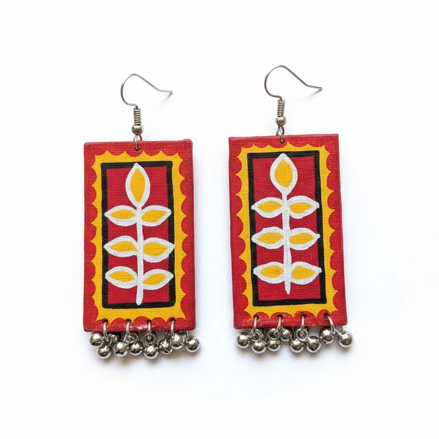 Red & Yellow Color Wooden Handcraft Earrings With Vibrant Handmade Detailing