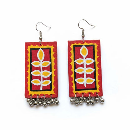 Red & Yellow Color Wooden Handcraft Earrings With Vibrant Handmade Detailing