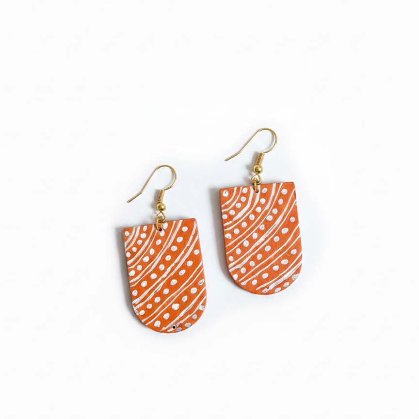 Orange Color Wooden Handcraft Earrings With Modern Art Finish And Shine