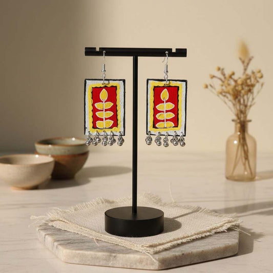 Red & Yellow Color Wooden Handcraft Earrings With Vibrant Multitone Boho Style Handmade Patterns