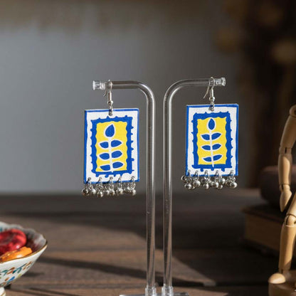 Turquoise Blue & Yellow Color Wooden Handcraft Earrings Crafted With Trendy Handcrafted Fusion Designs