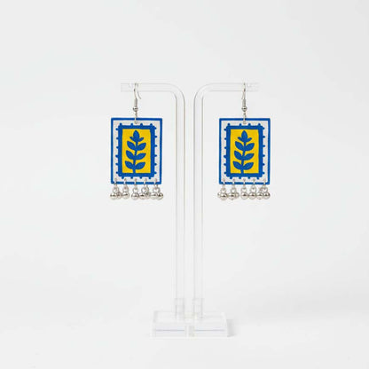 Turquoise Blue & Yellow Color Wooden Handcraft Earrings Crafted With Trendy Handcrafted Fusion Designs