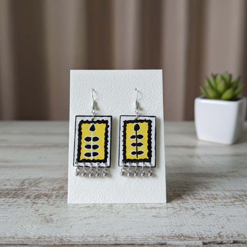 Yellow & Black Color Wooden Handcraft Earrings Featuring Contemporary Tribal Inspired Handmade Art