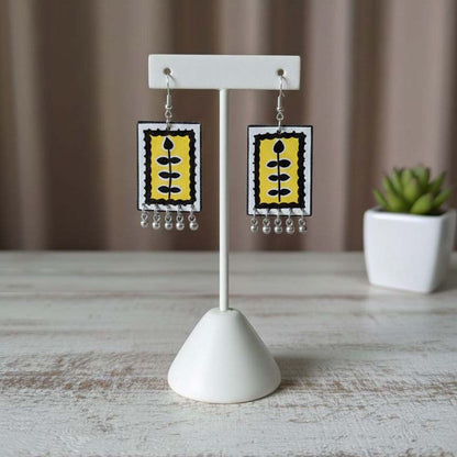 Yellow & Black Color Wooden Handcraft Earrings Featuring Contemporary Tribal Inspired Handmade Art