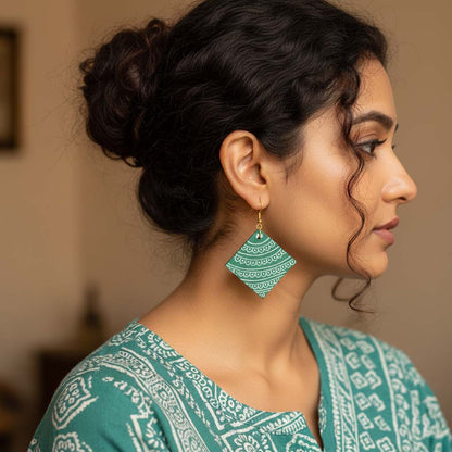 Rama Green Color Wooden Handcraft Earrings Featuring Ethnic Handmade Wooden Art With Unique Patterns