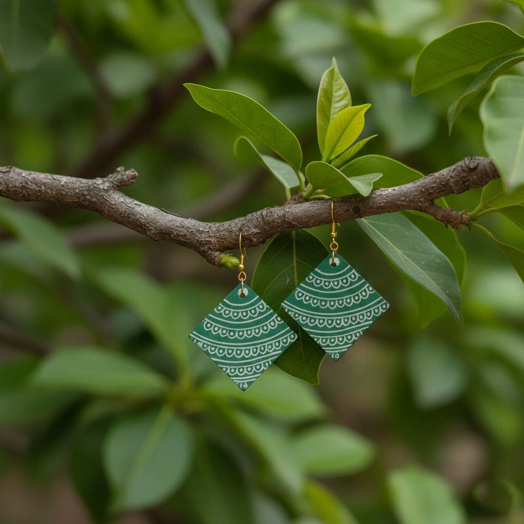 Rama Green Color Wooden Handcraft Earrings Featuring Ethnic Handmade Wooden Art With Unique Patterns