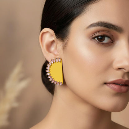 Yellow Color Wooden Handcraft Earrings With Bright Festive Traditional Touch