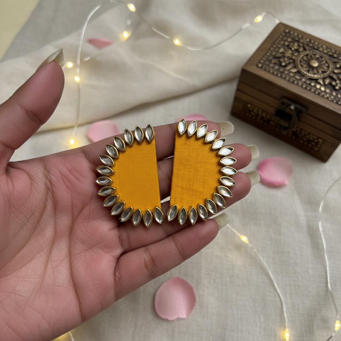 Yellow Color Wooden Handcraft Earrings With Bright Festive Traditional Touch