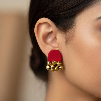 Red Color Wooden Handcraft Earrings With Bold Ethnic Celebration Look