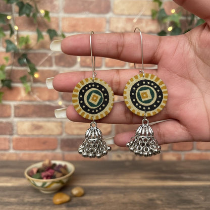 Multi Color Wooden Handcraft Earrings With Handpainted Traditional Pattern Design