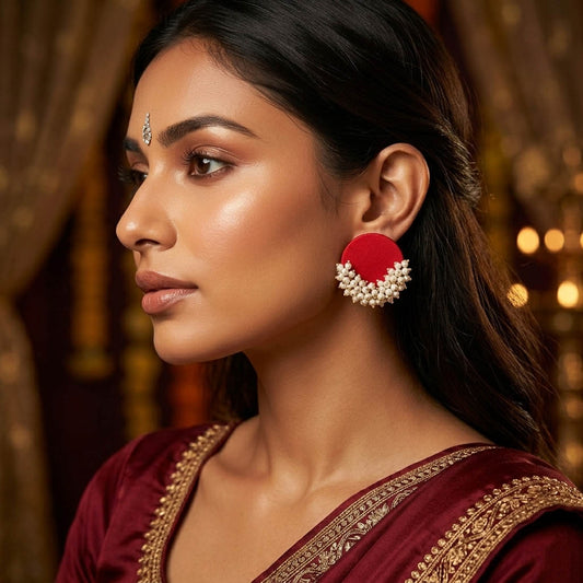 Leuchtend rote, handgefertigte Ohrringe, festlicher, extravaganter ethnischer Schmuck