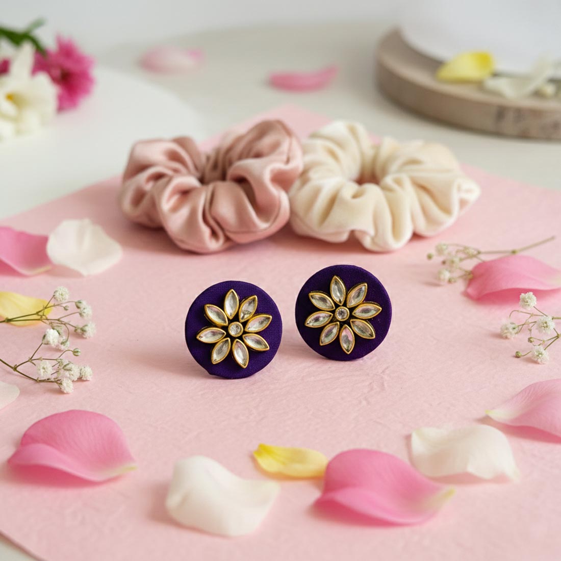Purple Color Wooden Handcraft Earrings With Artistic Traditional Carving Style