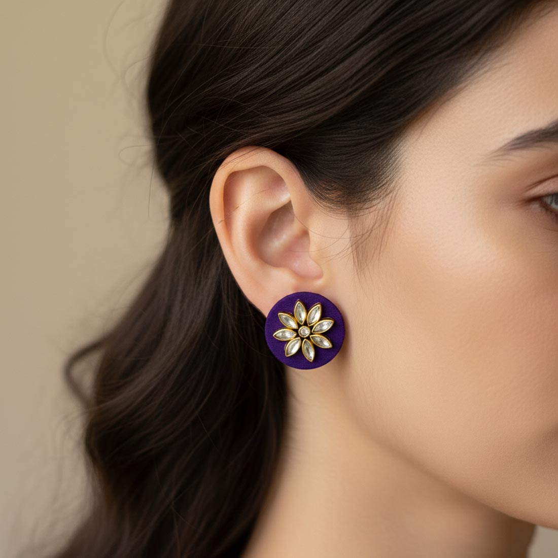 Purple Color Wooden Handcraft Earrings With Artistic Traditional Carving Style
