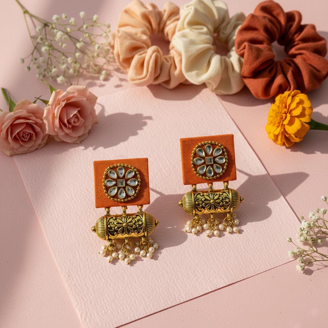 Orange Color Wooden Handcraft Earrings With Warm Festive Artisan Style