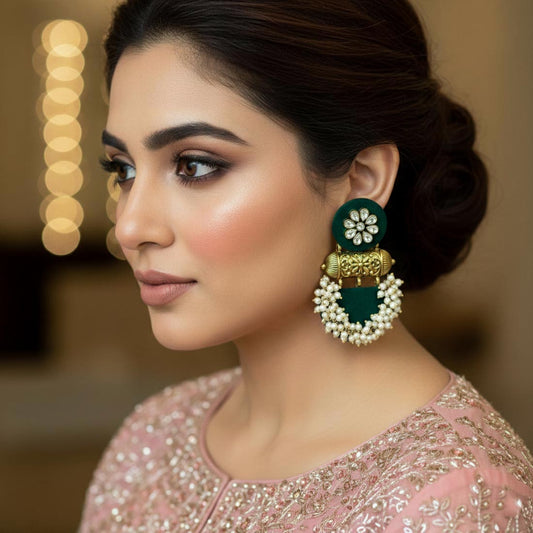Green Color Wooden Handcraft Earrings With Nature Inspired Ethnic Design