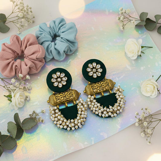 Green Color Wooden Handcraft Earrings With Nature Inspired Ethnic Design
