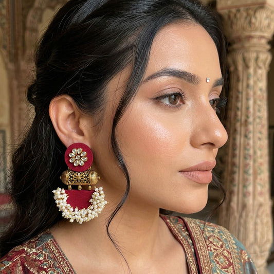 Maroon Color Wooden Handcraft Earrings Classic Festive Ethnic Statement Jewelry Collection Design