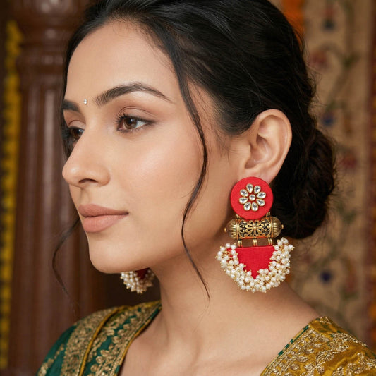 Red Color Wooden Handcraft Earrings Elegant Traditional Ethnic Party Wear Jewelry Design