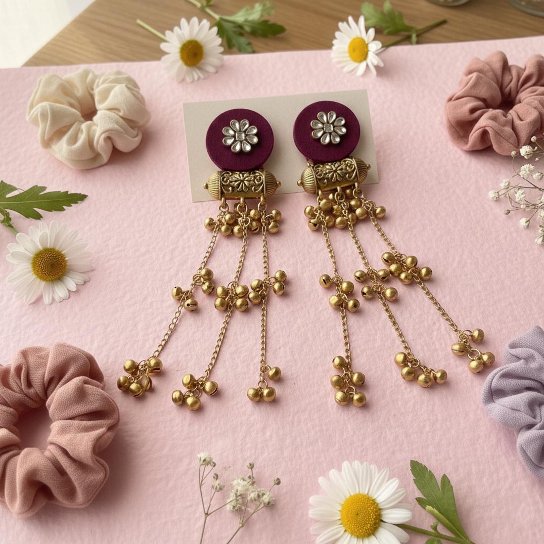 Maroon Color Wooden Handcraft Kashmiri Earrings With Rich Heritage Craftsmanship