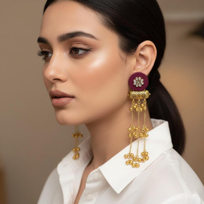 Maroon Color Wooden Handcraft Kashmiri Earrings With Rich Heritage Craftsmanship