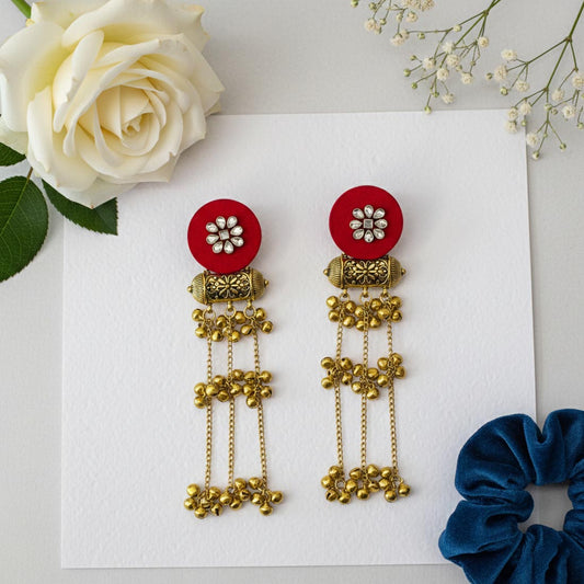 Red Color Wooden Handcraft Kashmiri Earrings With Traditional Cultural Artwork