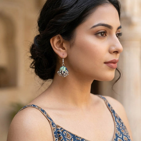 Turquoise Blue Color Wooden Handcraft Earrings Stylish Ethnic Party Wear Jewelry Collection Design