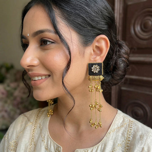 Black Color Wooden Handcraft Kashmiri Earrings Traditional Ethnic Vintage Statement Jewelry Design