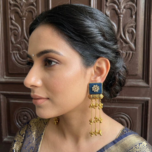 Blue Color Wooden Handcraft Kashmiri Earrings Elegant Cultural Ethnic Party Wear Jewelry Design