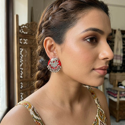 Orange Color Wooden Handcraft Earrings Bright Festive Ethnic Statement Jewelry Collection Design