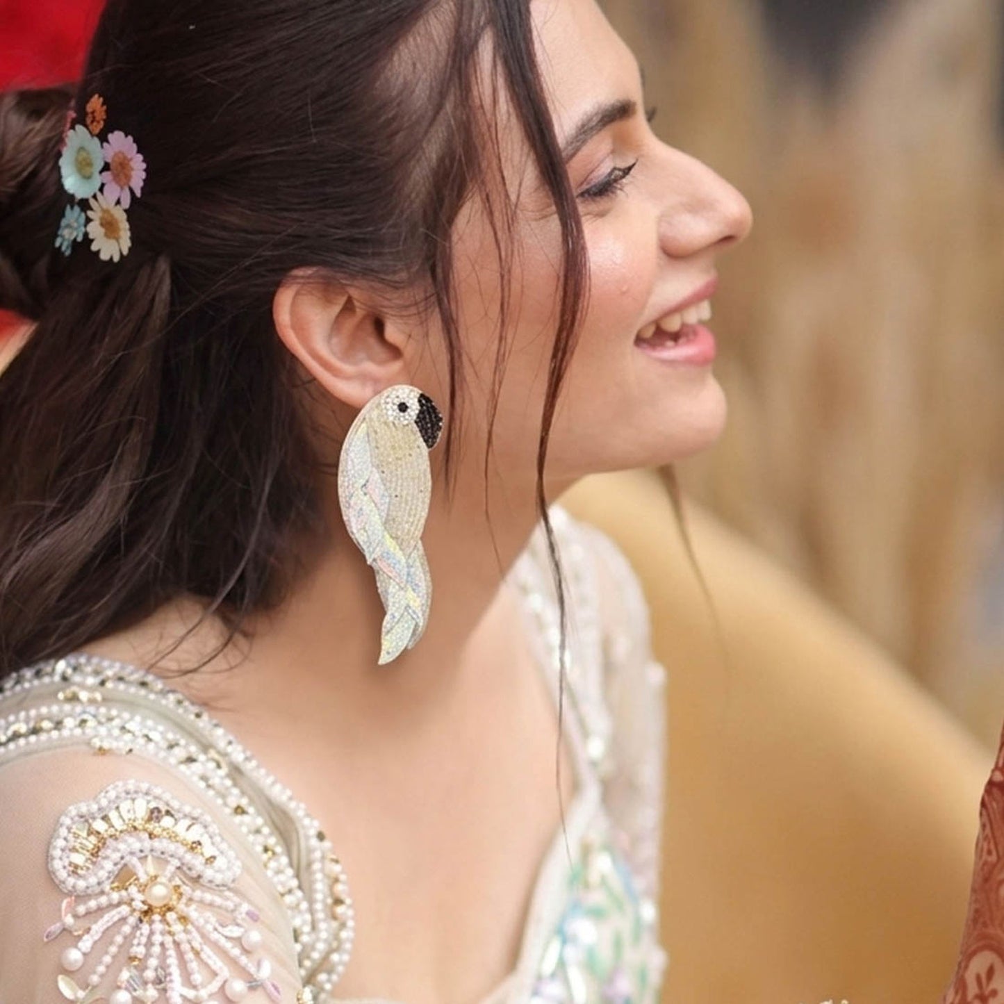 White Color Handcraft Earrings With Stylish Contemporary Handmade Detailing